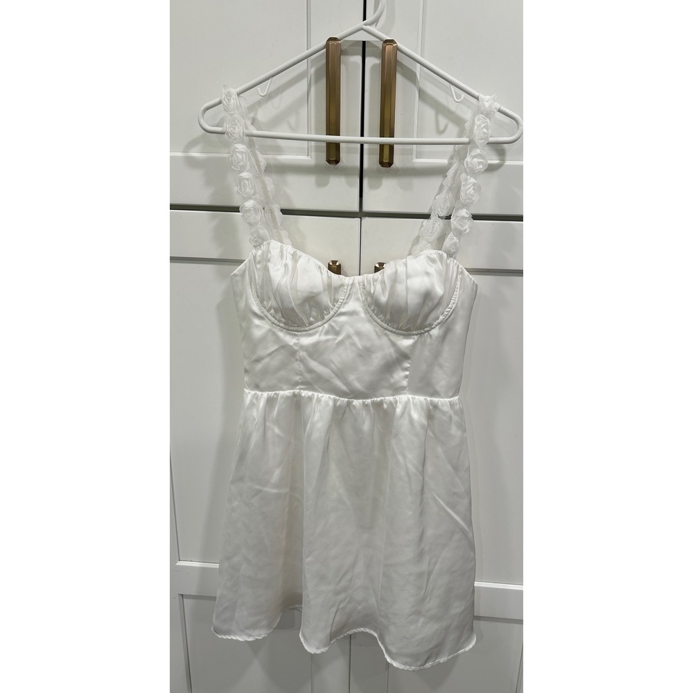 Princess Polly White Satin Mini Dress Floral Rosette Straps Bustier US 4